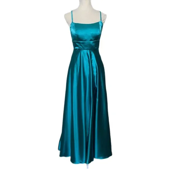 Hebeos | Dresses | Hebeos Vintage Aline Teal Sleeveless Sweep Train Front  Slit Lined Gown Formal | Poshmark